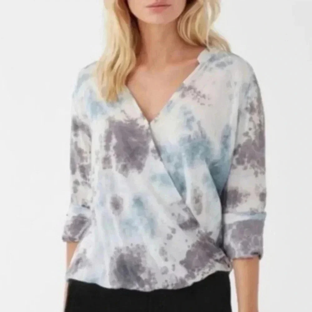 Splendid Tie Dye Long Sleeve Blue Lavender Gray Crossover Blouse Women Top Sz S